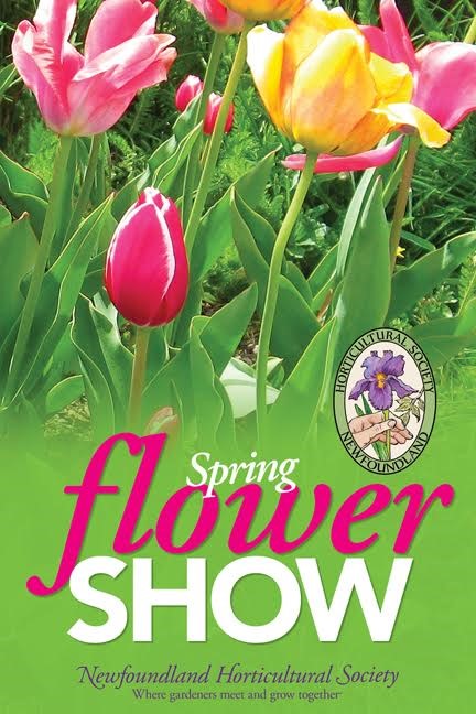 poster for the Newfoundland Horticultural Society's Spring Flower Show, image of red, pink, and yellow tulips in a garden